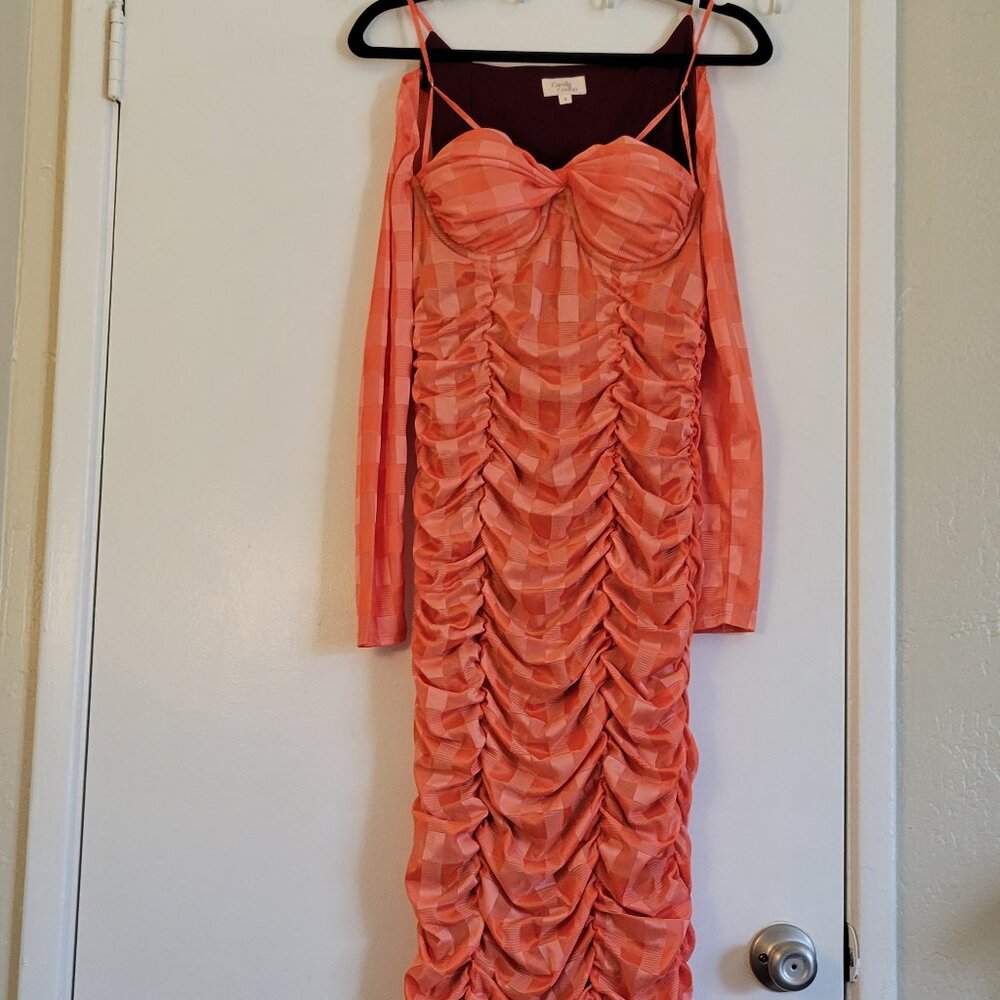 Camila Coelho Gathered midi dress orange mesh fabric, size S orange plaid